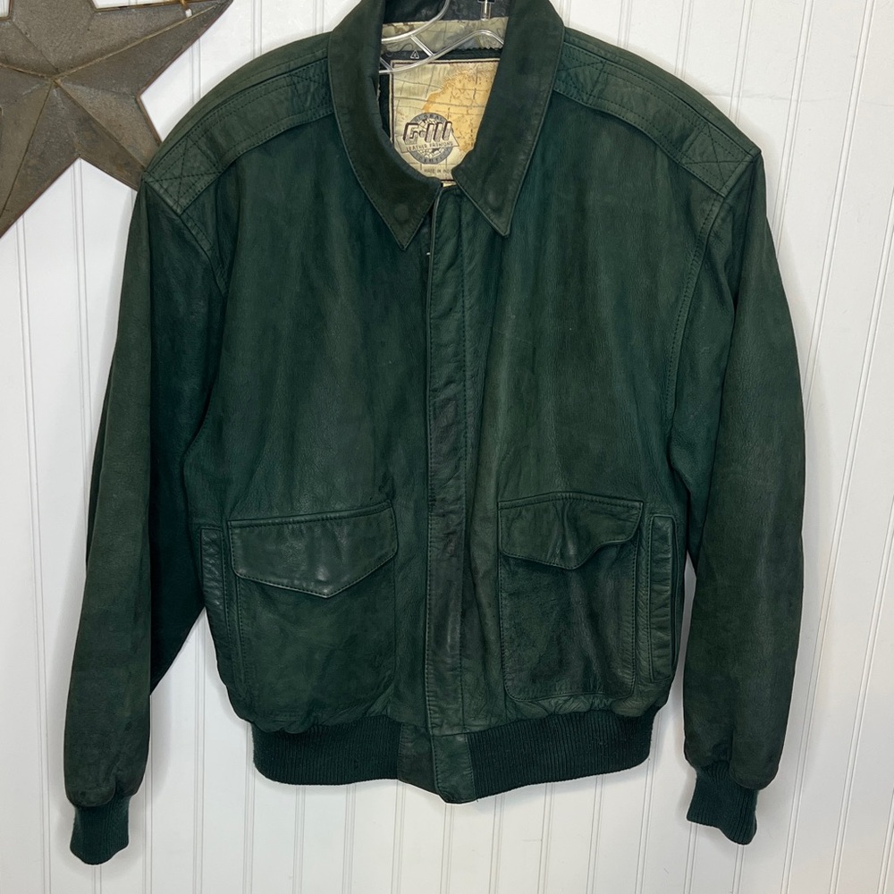 G-111 Vintage Green Leather Bomber Jacket Size Medium
